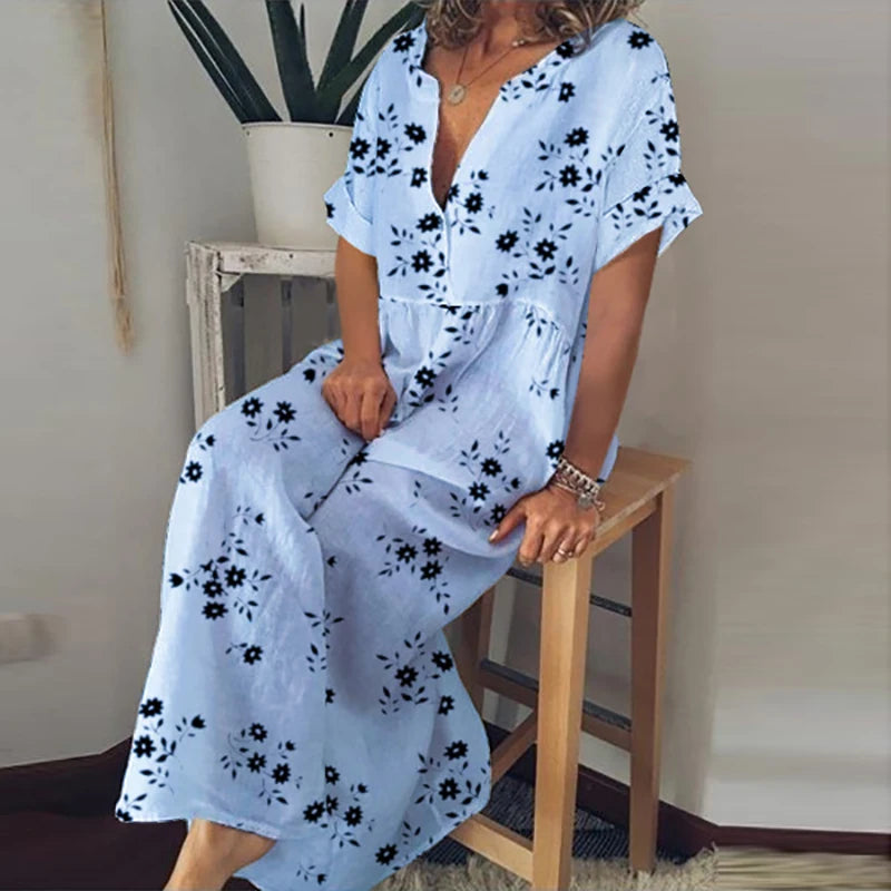 LVSANW Retro Fashion Cotton Linen Beach Dress 2024 Women V-Neck Loose Vocation Dress Elegant Floral Print Buttoned Oversize Long Dress