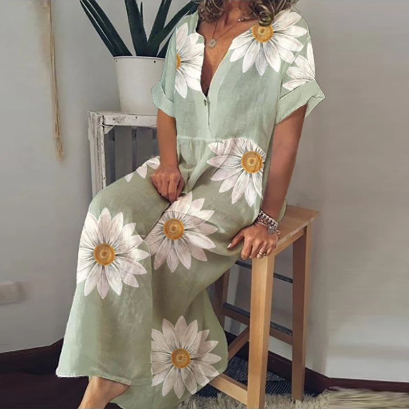 LVSANW Retro Fashion Cotton Linen Beach Dress 2024 Women V-Neck Loose Vocation Dress Elegant Floral Print Buttoned Oversize Long Dress