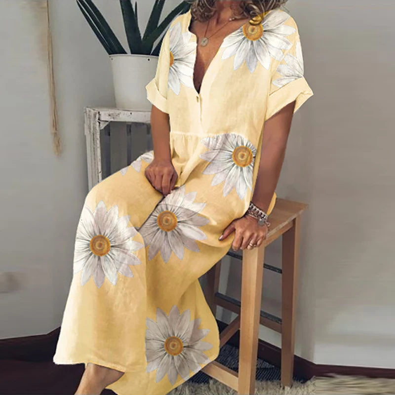 LVSANW Retro Fashion Cotton Linen Beach Dress 2024 Women V-Neck Loose Vocation Dress Elegant Floral Print Buttoned Oversize Long Dress