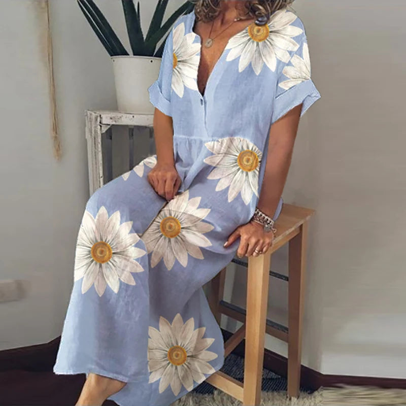 LVSANW Retro Fashion Cotton Linen Beach Dress 2024 Women V-Neck Loose Vocation Dress Elegant Floral Print Buttoned Oversize Long Dress