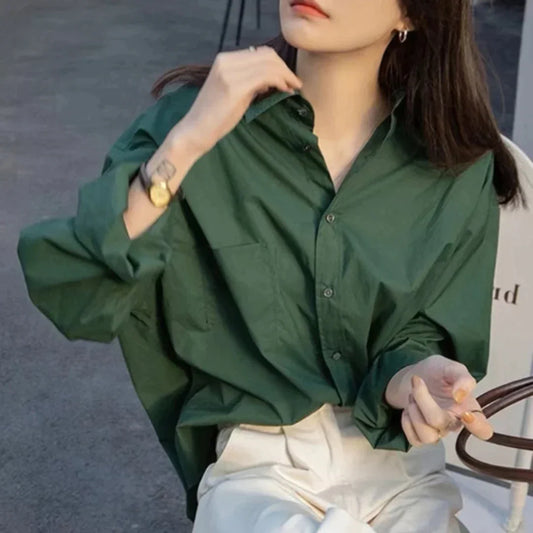 LVSANW Retro Green Blouse Ladies spring new lazy long-sleeved shirt Korean Style Women's Clothes Tops Casual Female Solid Simple Wear