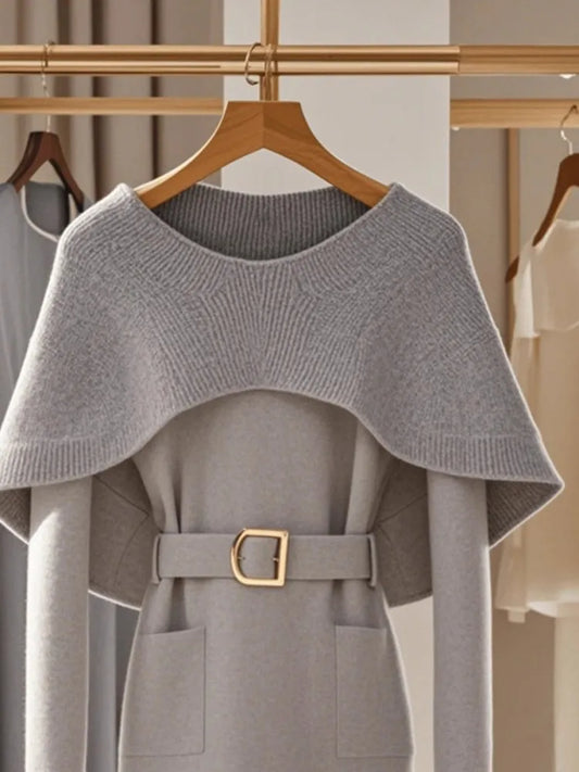 LVSANW Retro Soft And Sticky Knitted Sweater For Women In Autumn And Winter, With A High-End Feel And A Unique Gray Cape Sweater