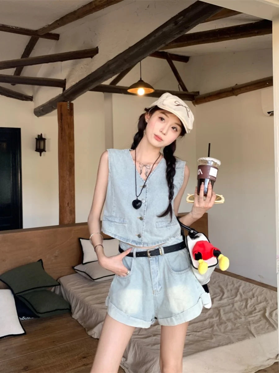 LVSANW Retro Summer New Women Two Piece Sets Sexy Hot Girls Denim Short Vest Tops + High Waist Wide Leg Shorts Female Outfit Streetwear