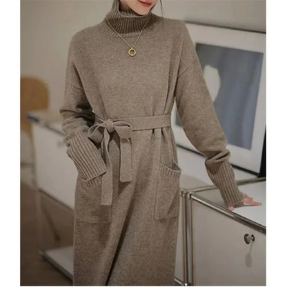 LVSANW Retro Turtleneck Sweater Dress Women Autumn Winter Long Knit Lace Up Pockets Dresses Female Sweater Vestidos Elegant Work