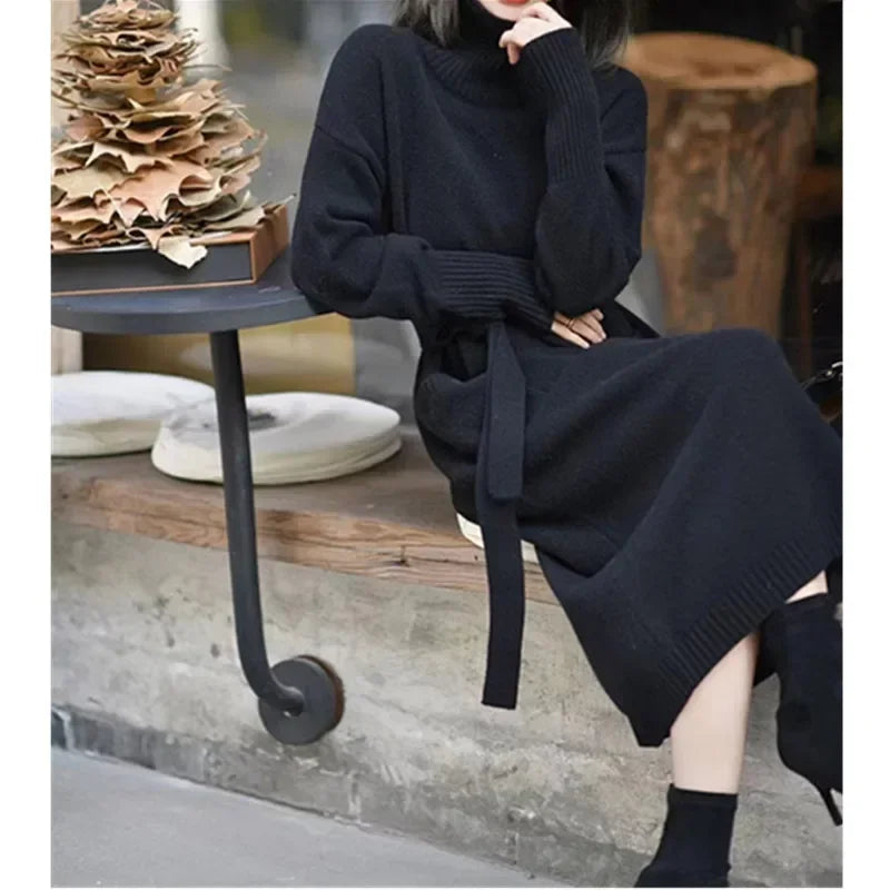 LVSANW Retro Turtleneck Sweater Dress Women Autumn Winter Long Knit Lace Up Pockets Dresses Female Sweater Vestidos Elegant Work