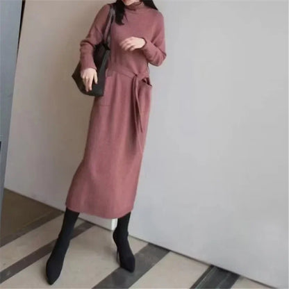 LVSANW Retro Turtleneck Sweater Dress Women Autumn Winter Long Knit Lace Up Pockets Dresses Female Sweater Vestidos Elegant Work