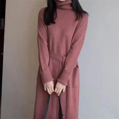 LVSANW Retro Turtleneck Sweater Dress Women Autumn Winter Long Knit Lace Up Pockets Dresses Female Sweater Vestidos Elegant Work