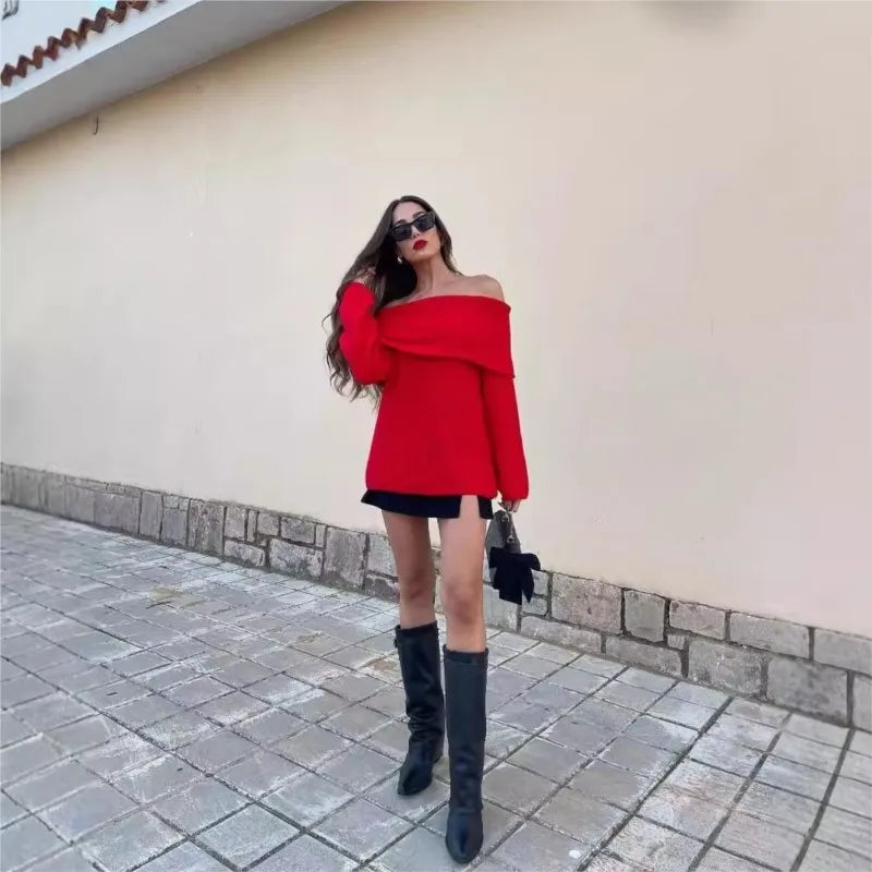 LVSANW Retro Women's Elegant Slash Sweater 2025 Fashion Women's Sweet Pullover Women's Chic Loose Knitted Casual Clothes