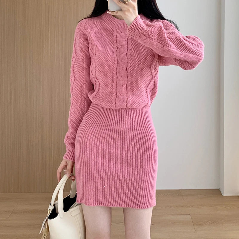 LVSANW Ribbed Pullover Bodycon Dress Knit Bating Sleeve Fake Two Piece Dress Thickened Warm Dress For Women 2024 Fall Winter