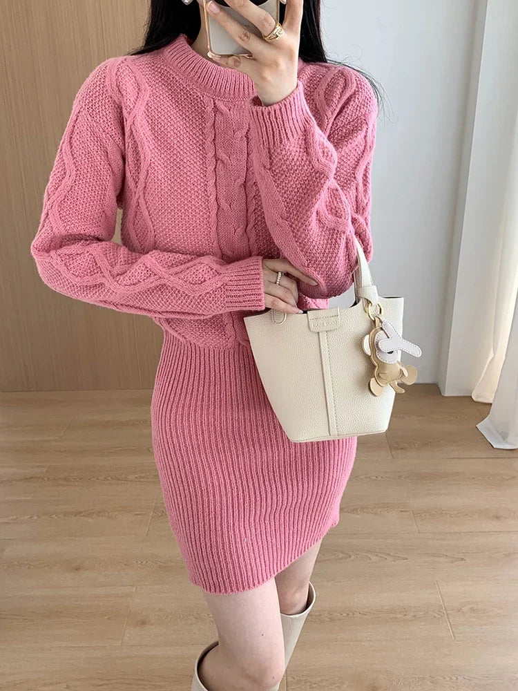 LVSANW Ribbed Pullover Bodycon Dress Knit Bating Sleeve Fake Two Piece Dress Thickened Warm Dress For Women 2024 Fall Winter