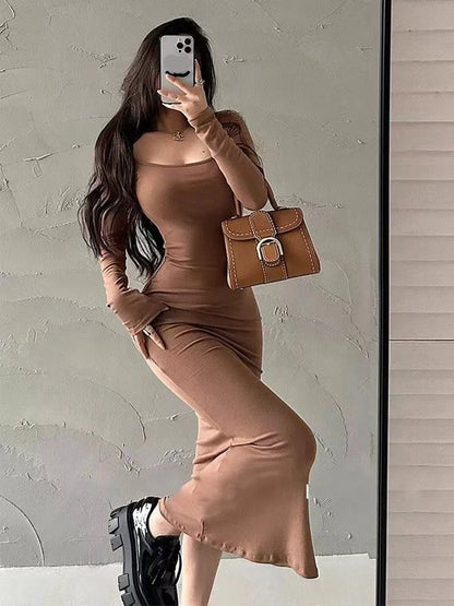 LVSANW Ribbed Solid Long Sleeve Square Neck Skinny Bodycon Dress Women Autumn Sexy Evening Party Elegant Vestido Ladies Long Dresses