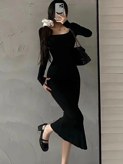 LVSANW Ribbed Solid Long Sleeve Square Neck Skinny Bodycon Dress Women Autumn Sexy Evening Party Elegant Vestido Ladies Long Dresses