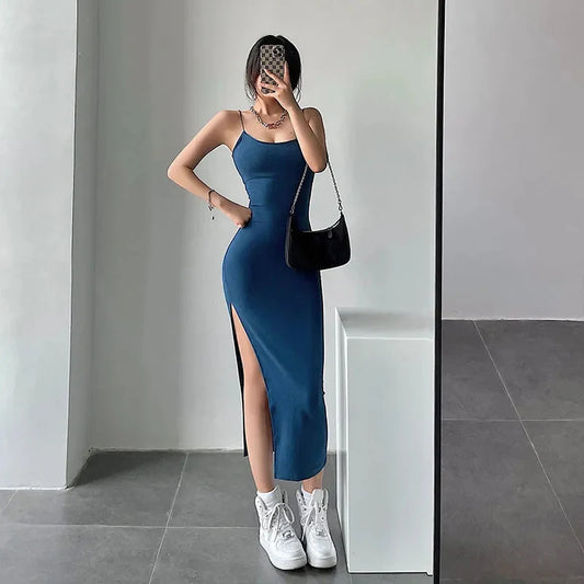 LVSANW Rimocy 2024 New Sexy Sleeveless Slim Long Dress Women Party Club High Split Spaghetti Strap Dresses Woman Bodycon Dress Female