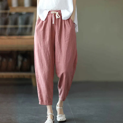 LVSANW Rimocy 2024 Summer Casual Cotton Linen Pants Women Retro Pockets Loose Harem Pants Woman Solid Elastic Waist Trousers Female