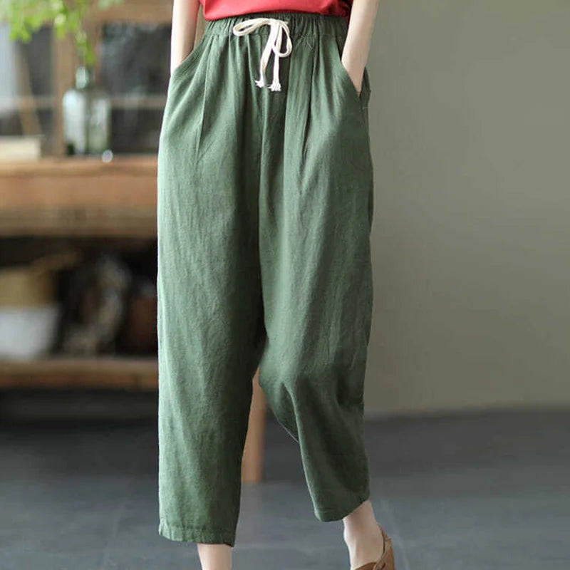 LVSANW Rimocy 2024 Summer Casual Cotton Linen Pants Women Retro Pockets Loose Harem Pants Woman Solid Elastic Waist Trousers Female