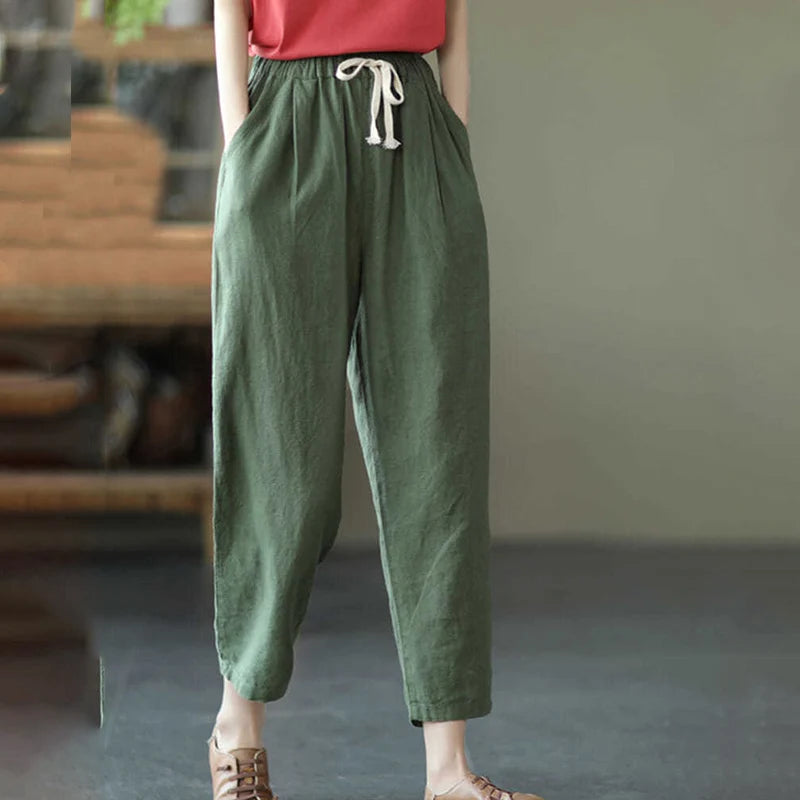 LVSANW Rimocy 2024 Summer Casual Cotton Linen Pants Women Retro Pockets Loose Harem Pants Woman Solid Elastic Waist Trousers Female