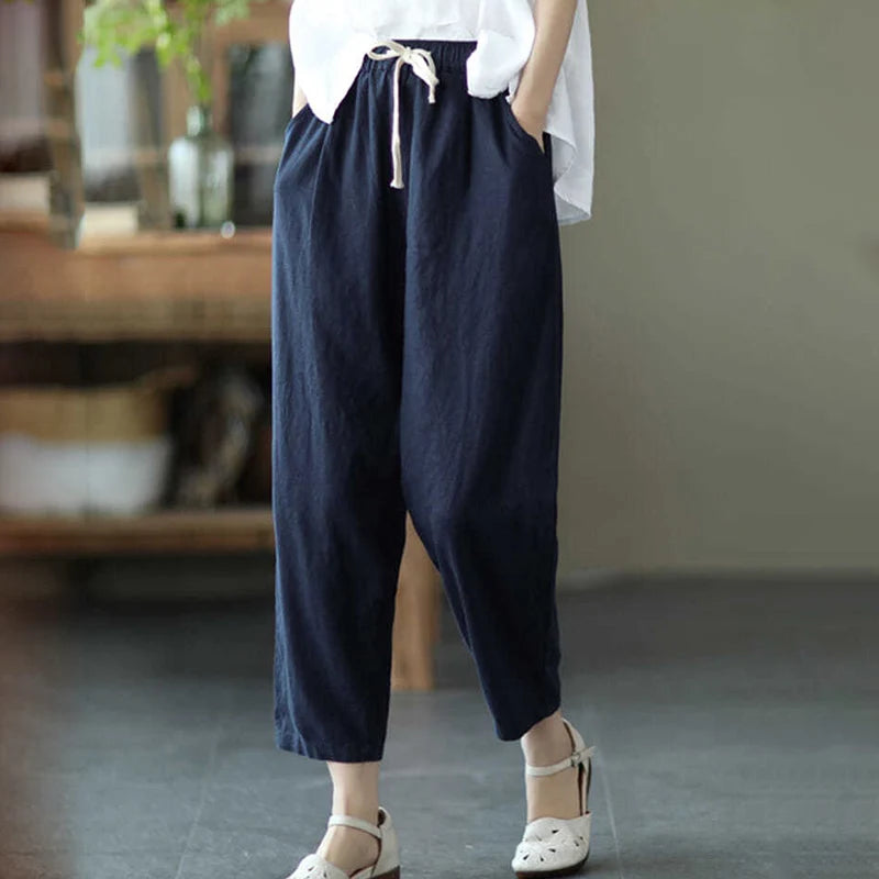 LVSANW Rimocy 2024 Summer Casual Cotton Linen Pants Women Retro Pockets Loose Harem Pants Woman Solid Elastic Waist Trousers Female