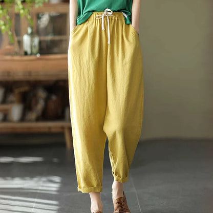 LVSANW Rimocy 2024 Summer Casual Cotton Linen Pants Women Retro Pockets Loose Harem Pants Woman Solid Elastic Waist Trousers Female