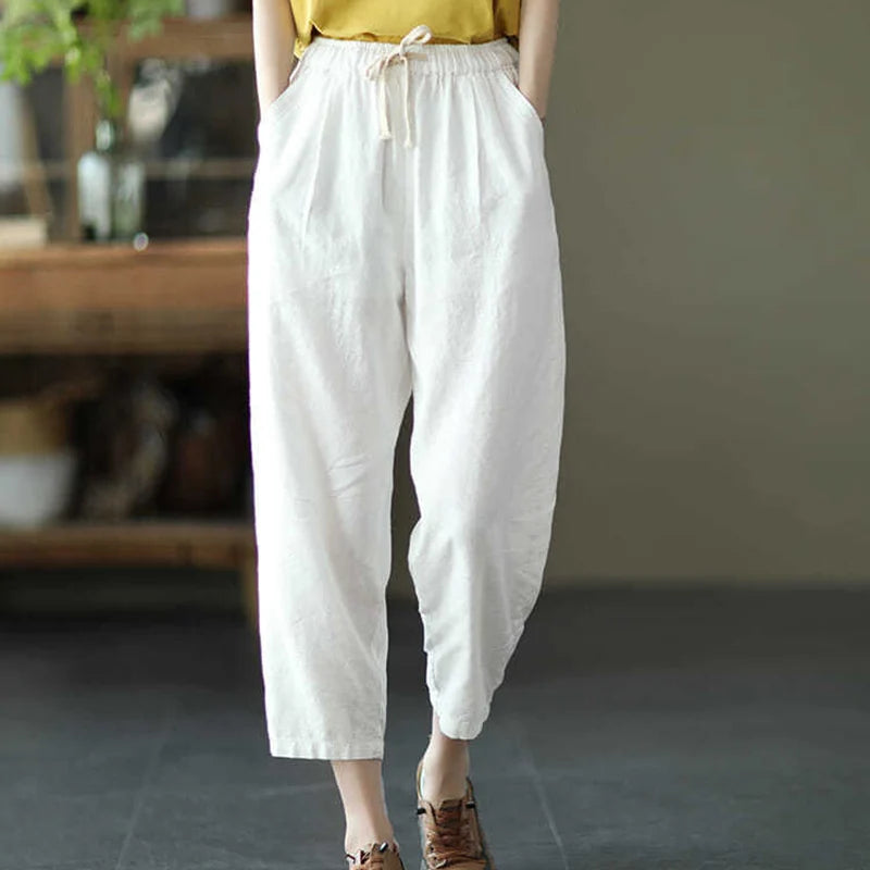 LVSANW Rimocy 2024 Summer Casual Cotton Linen Pants Women Retro Pockets Loose Harem Pants Woman Solid Elastic Waist Trousers Female