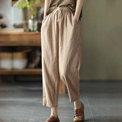 LVSANW Rimocy 2024 Summer Casual Cotton Linen Pants Women Retro Pockets Loose Harem Pants Woman Solid Elastic Waist Trousers Female