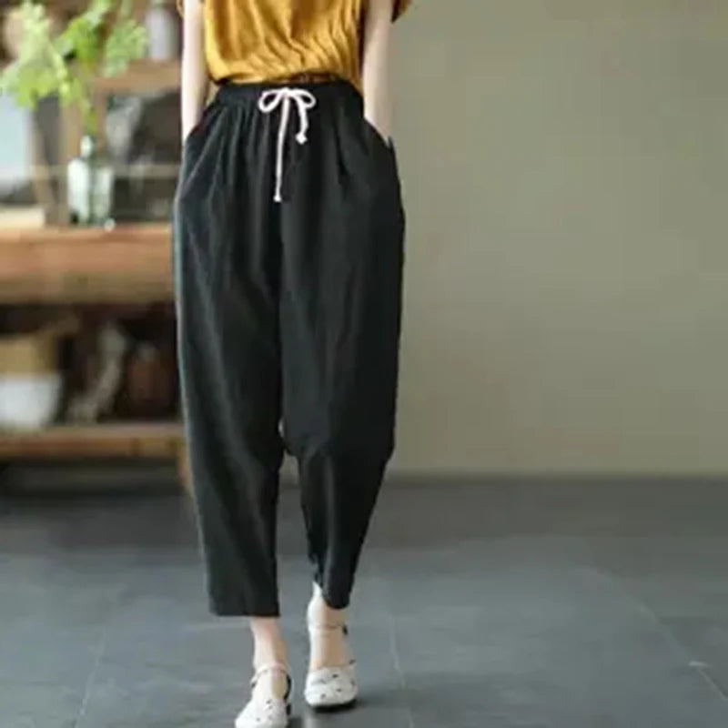 LVSANW Rimocy 2024 Summer Casual Cotton Linen Pants Women Retro Pockets Loose Harem Pants Woman Solid Elastic Waist Trousers Female