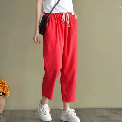 LVSANW Rimocy 2024 Summer Casual Cotton Linen Pants Women Retro Pockets Loose Harem Pants Woman Solid Elastic Waist Trousers Female