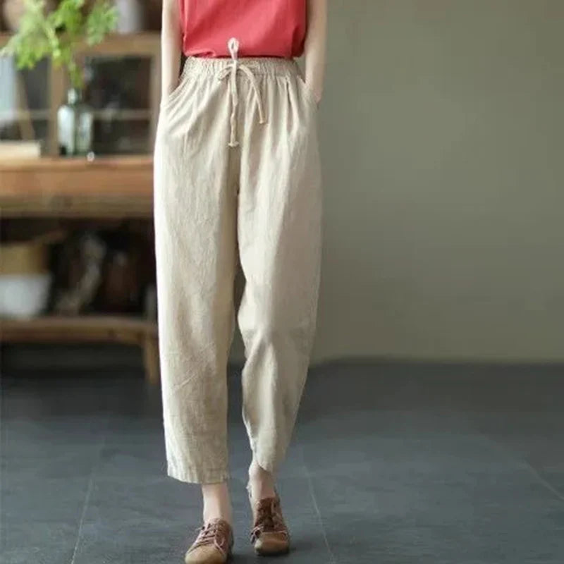 LVSANW Rimocy 2024 Summer Casual Cotton Linen Pants Women Retro Pockets Loose Harem Pants Woman Solid Elastic Waist Trousers Female