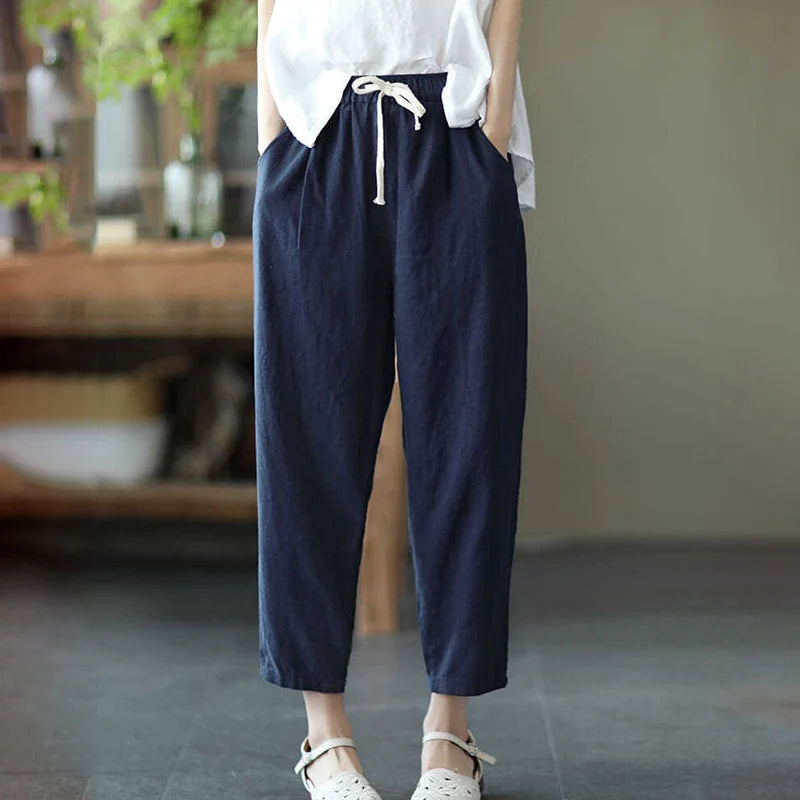 LVSANW Rimocy 2024 Summer Casual Cotton Linen Pants Women Retro Pockets Loose Harem Pants Woman Solid Elastic Waist Trousers Female