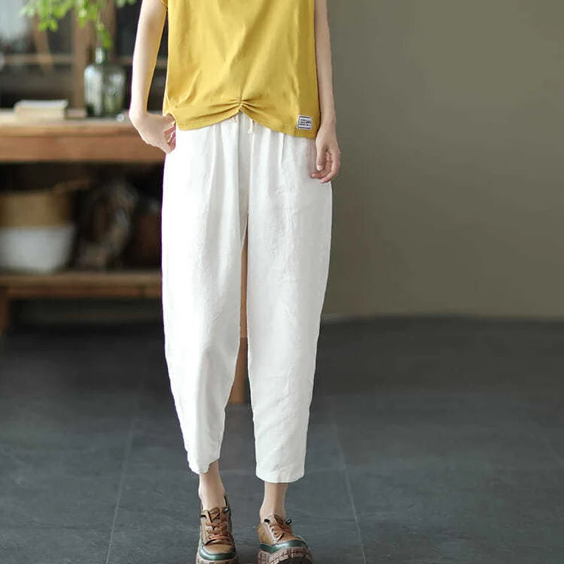 LVSANW Rimocy 2024 Summer Casual Cotton Linen Pants Women Retro Pockets Loose Harem Pants Woman Solid Elastic Waist Trousers Female