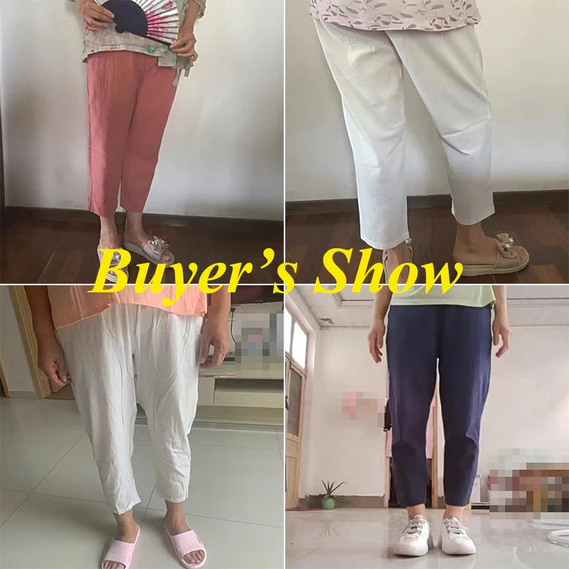 LVSANW Rimocy 2024 Summer Casual Cotton Linen Pants Women Retro Pockets Loose Harem Pants Woman Solid Elastic Waist Trousers Female