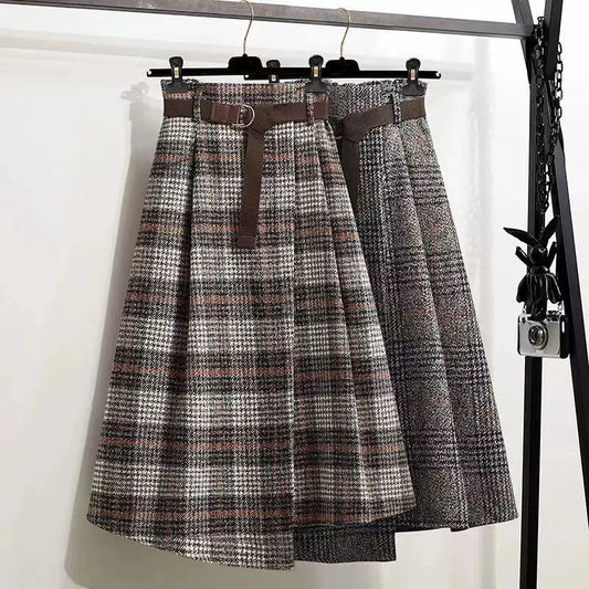 LVSANW Rimocy Autumn Winter Women's Plaid Woolen Skirts with Belt Fashion Irregular Hem High Waist Skirt Woman 2025 A Line Long Skirts