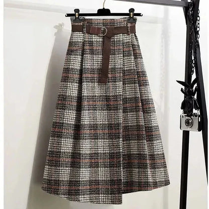 LVSANW Rimocy Autumn Winter Women's Plaid Woolen Skirts with Belt Fashion Irregular Hem High Waist Skirt Woman 2025 A Line Long Skirts