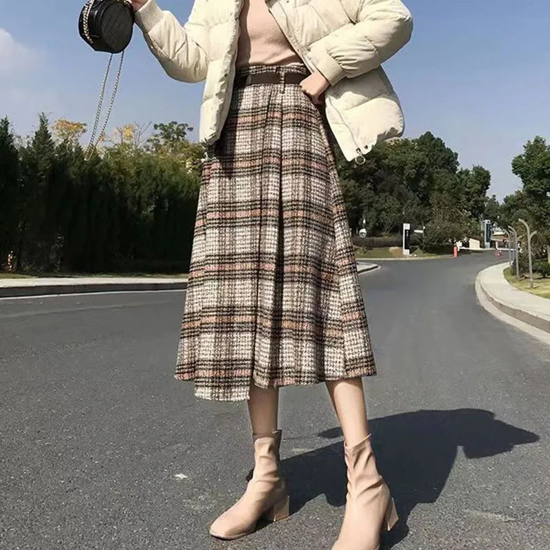 LVSANW Rimocy Autumn Winter Women's Plaid Woolen Skirts with Belt Fashion Irregular Hem High Waist Skirt Woman 2025 A Line Long Skirts