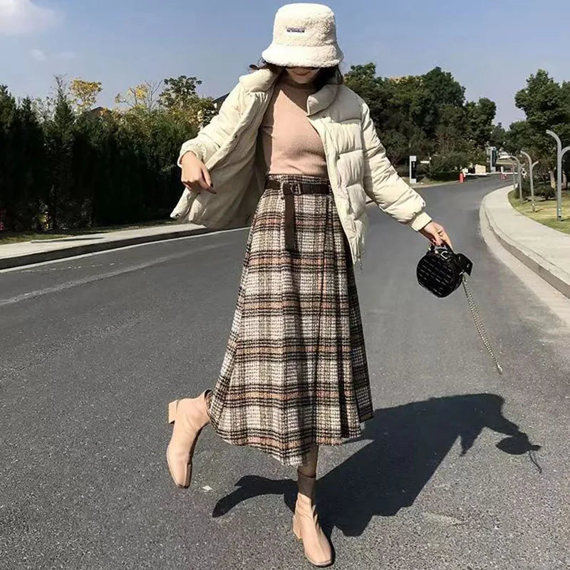 LVSANW Rimocy Autumn Winter Women's Plaid Woolen Skirts with Belt Fashion Irregular Hem High Waist Skirt Woman 2025 A Line Long Skirts