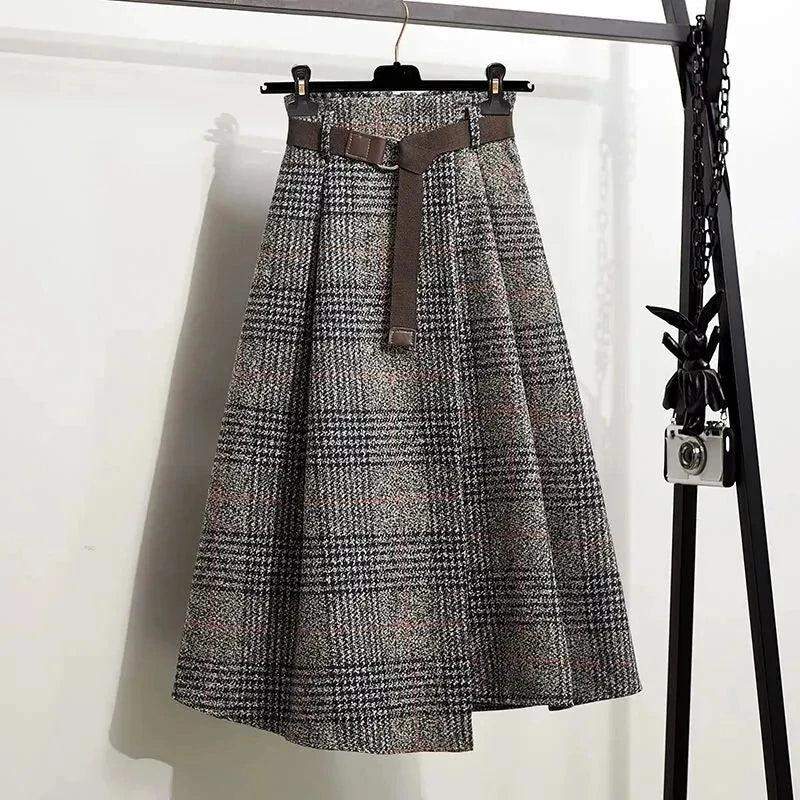 LVSANW Rimocy Autumn Winter Women's Plaid Woolen Skirts with Belt Fashion Irregular Hem High Waist Skirt Woman 2025 A Line Long Skirts