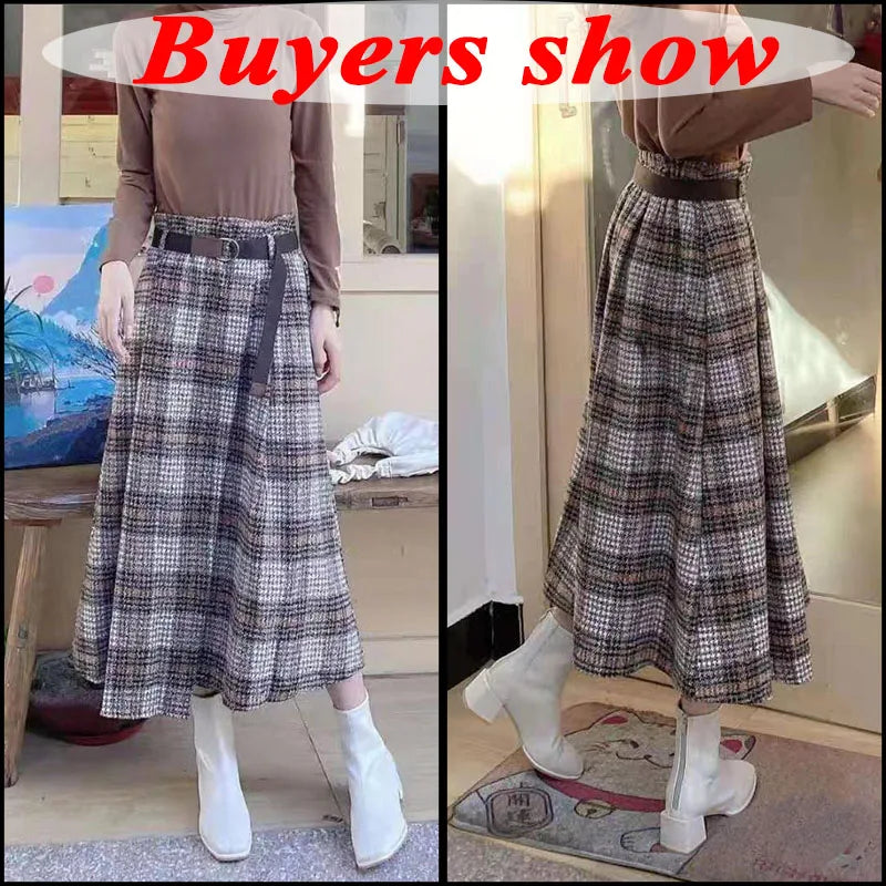 LVSANW Rimocy Autumn Winter Women's Plaid Woolen Skirts with Belt Fashion Irregular Hem High Waist Skirt Woman 2025 A Line Long Skirts