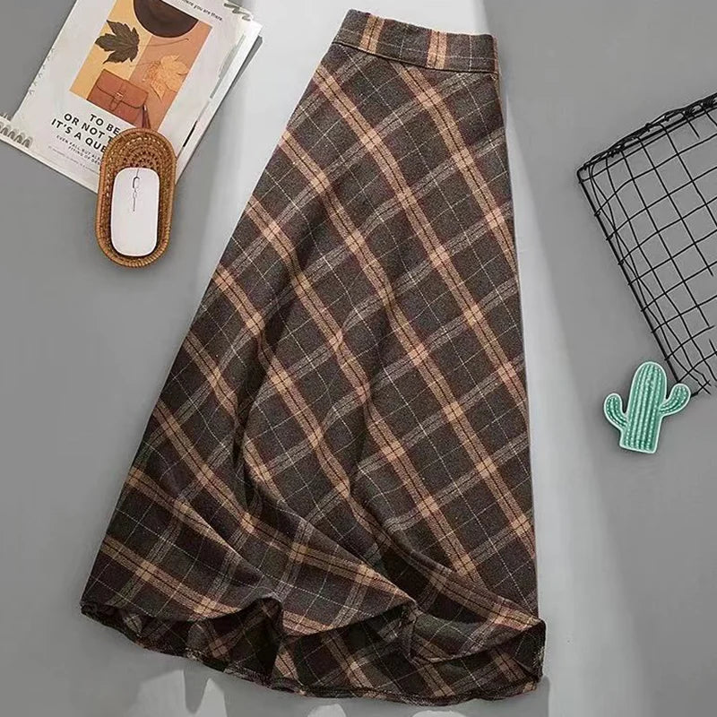 LVSANW Rimocy Autumn Winter Woolen Skirt Women 2025 Korean Style Thick High Waist Long Skirt Woman A Line Pleated Plaid Skirt Female