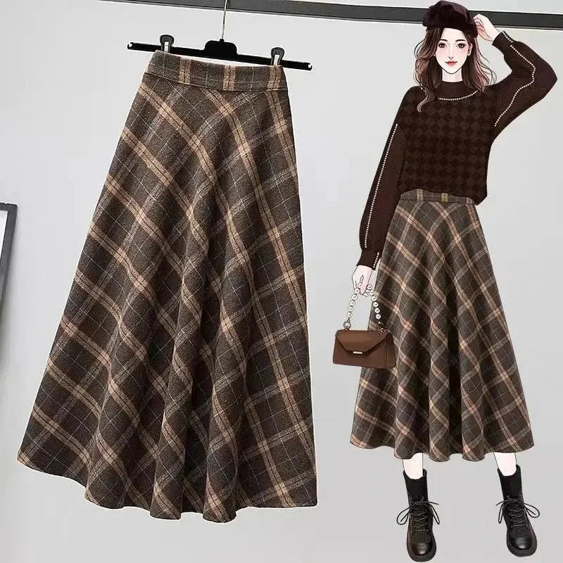 LVSANW Rimocy Autumn Winter Woolen Skirt Women 2025 Korean Style Thick High Waist Long Skirt Woman A Line Pleated Plaid Skirt Female