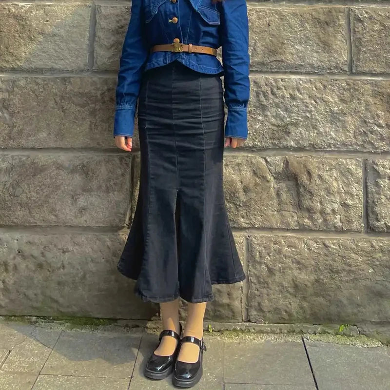 LVSANW Rimocy High Waist Mermaid Denim Skirt Women Summer Trumpet Split Long Skirts Woman Korean Style Hip-Wrap Flare Middle Skirt