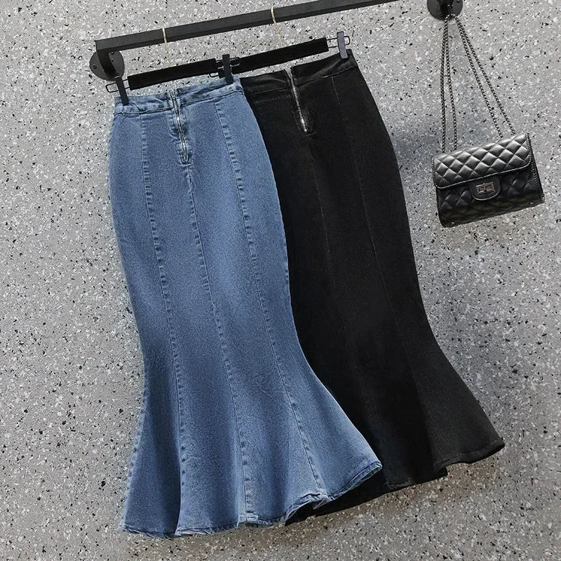 LVSANW Rimocy High Waist Mermaid Denim Skirt Women Summer Trumpet Split Long Skirts Woman Korean Style Hip-Wrap Flare Middle Skirt