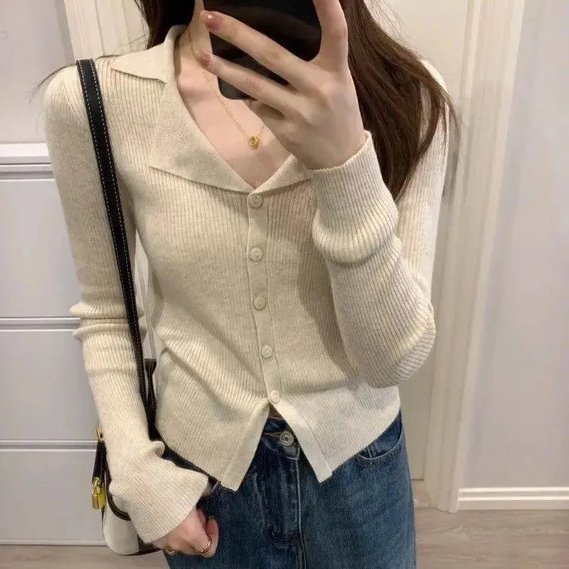 LVSANW Rimocy Korean Fashion V Neck Knitted Cardigan Women 2025 Spring Solid Color Lapel Sweater Woman Chic Long Sleeve Jumper Tops