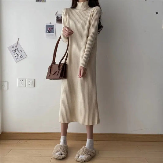 LVSANW Rimocy Women's Half-high Collar Sweater Dress Solid Color Long Sleeve Knitted Dresses Woman Autumn Winter All Match Long Dress