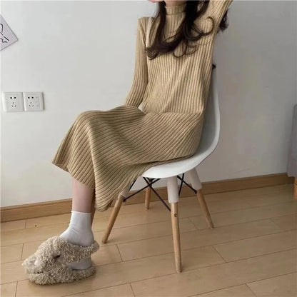 LVSANW Rimocy Women's Half-high Collar Sweater Dress Solid Color Long Sleeve Knitted Dresses Woman Autumn Winter All Match Long Dress