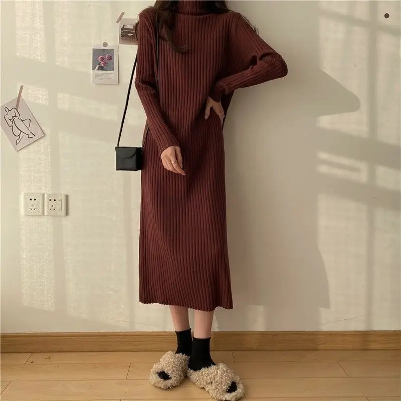 LVSANW Rimocy Women's Half-high Collar Sweater Dress Solid Color Long Sleeve Knitted Dresses Woman Autumn Winter All Match Long Dress