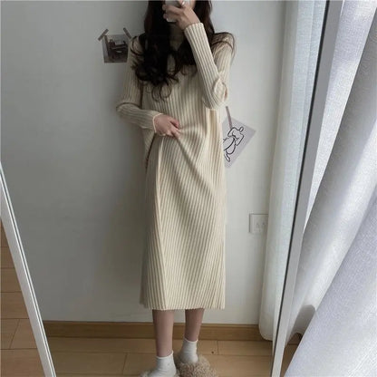 LVSANW Rimocy Women's Half-high Collar Sweater Dress Solid Color Long Sleeve Knitted Dresses Woman Autumn Winter All Match Long Dress