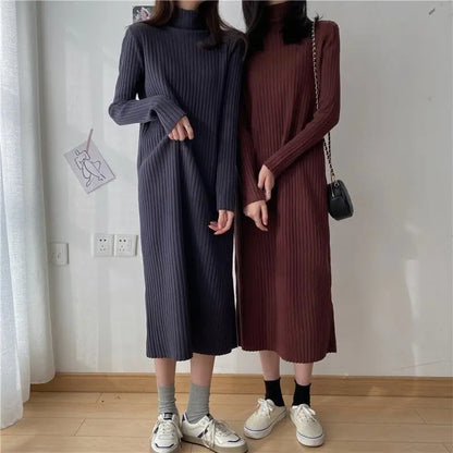 LVSANW Rimocy Women's Half-high Collar Sweater Dress Solid Color Long Sleeve Knitted Dresses Woman Autumn Winter All Match Long Dress