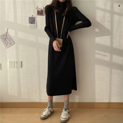 LVSANW Rimocy Women's Half-high Collar Sweater Dress Solid Color Long Sleeve Knitted Dresses Woman Autumn Winter All Match Long Dress