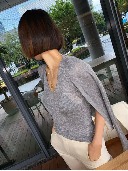 LVSANW Rin Confa Pearl Button Women's Bright Silk Thin Sweater Coat Sexy V-Neck Knitted Sweater Top Gold and Silver Knitted Cardigan