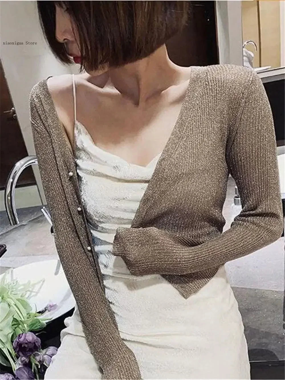 LVSANW Rin Confa Pearl Button Women's Bright Silk Thin Sweater Coat Sexy V-Neck Knitted Sweater Top Gold and Silver Knitted Cardigan