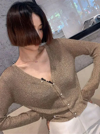 LVSANW Rin Confa Pearl Button Women's Bright Silk Thin Sweater Coat Sexy V-Neck Knitted Sweater Top Gold and Silver Knitted Cardigan